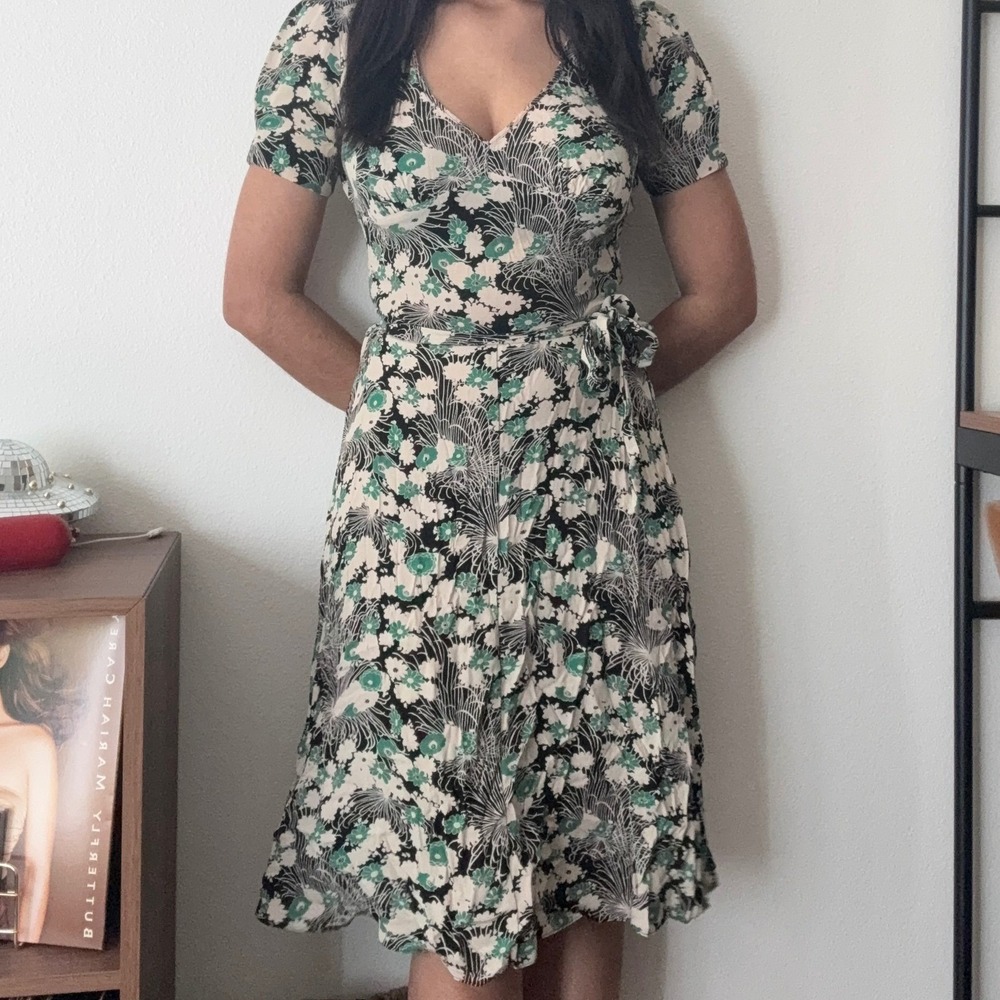 Topshop Tall Green Floral Wrap Midi Dress Black Cream V-Neck Size 14 30D11NBLK
